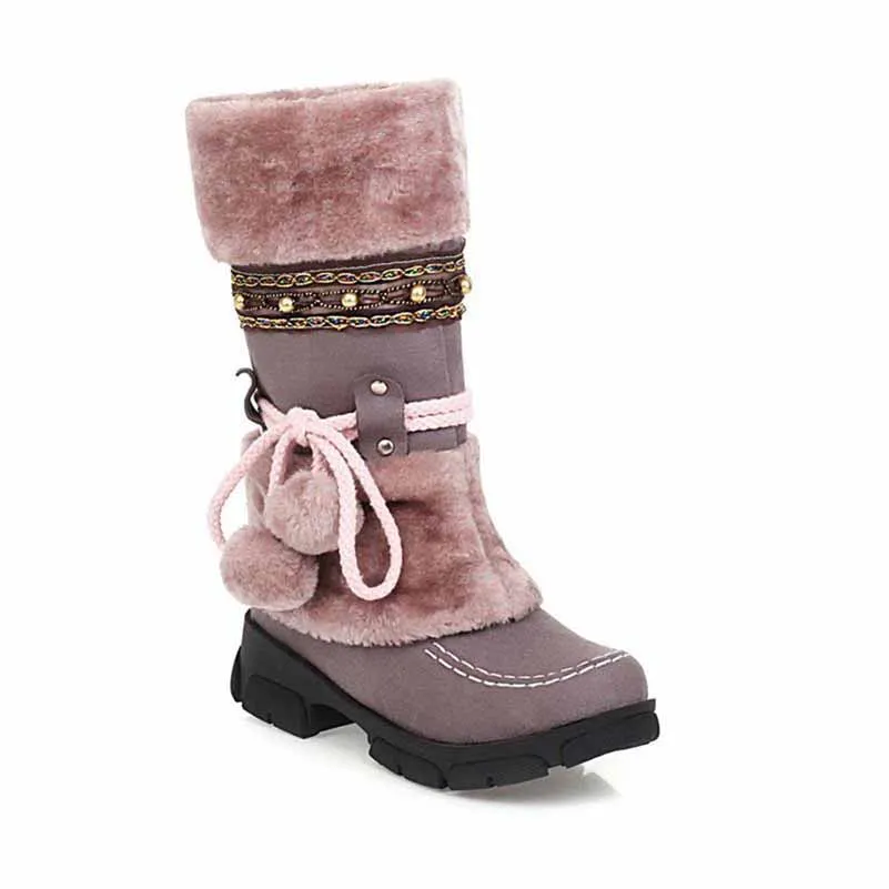 Women Low Heel Snow Boots Winter Warm Round Toe Plush Boots Lace Up Mid Boots