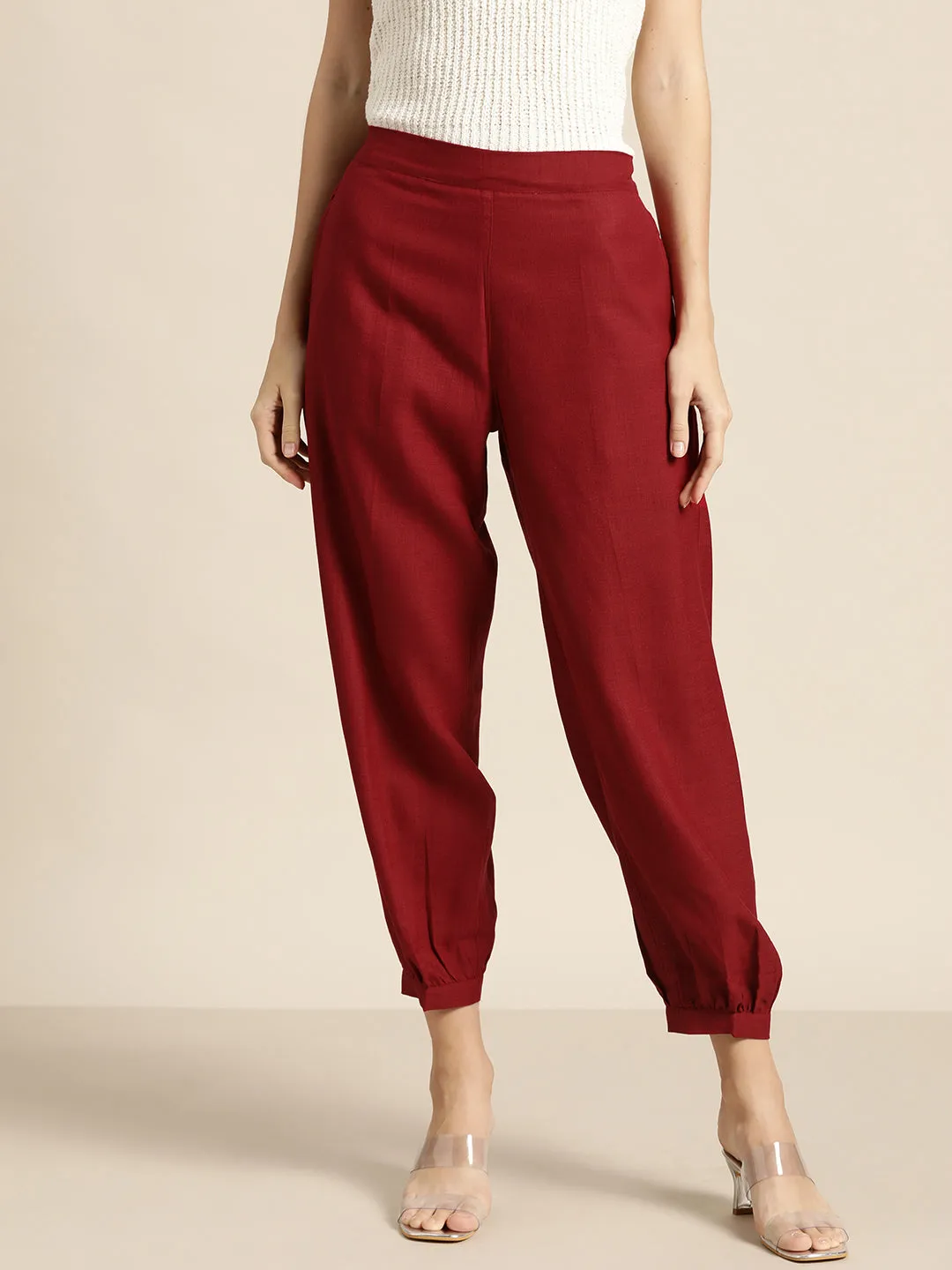 Women Maroon Cuffed Hem Pants