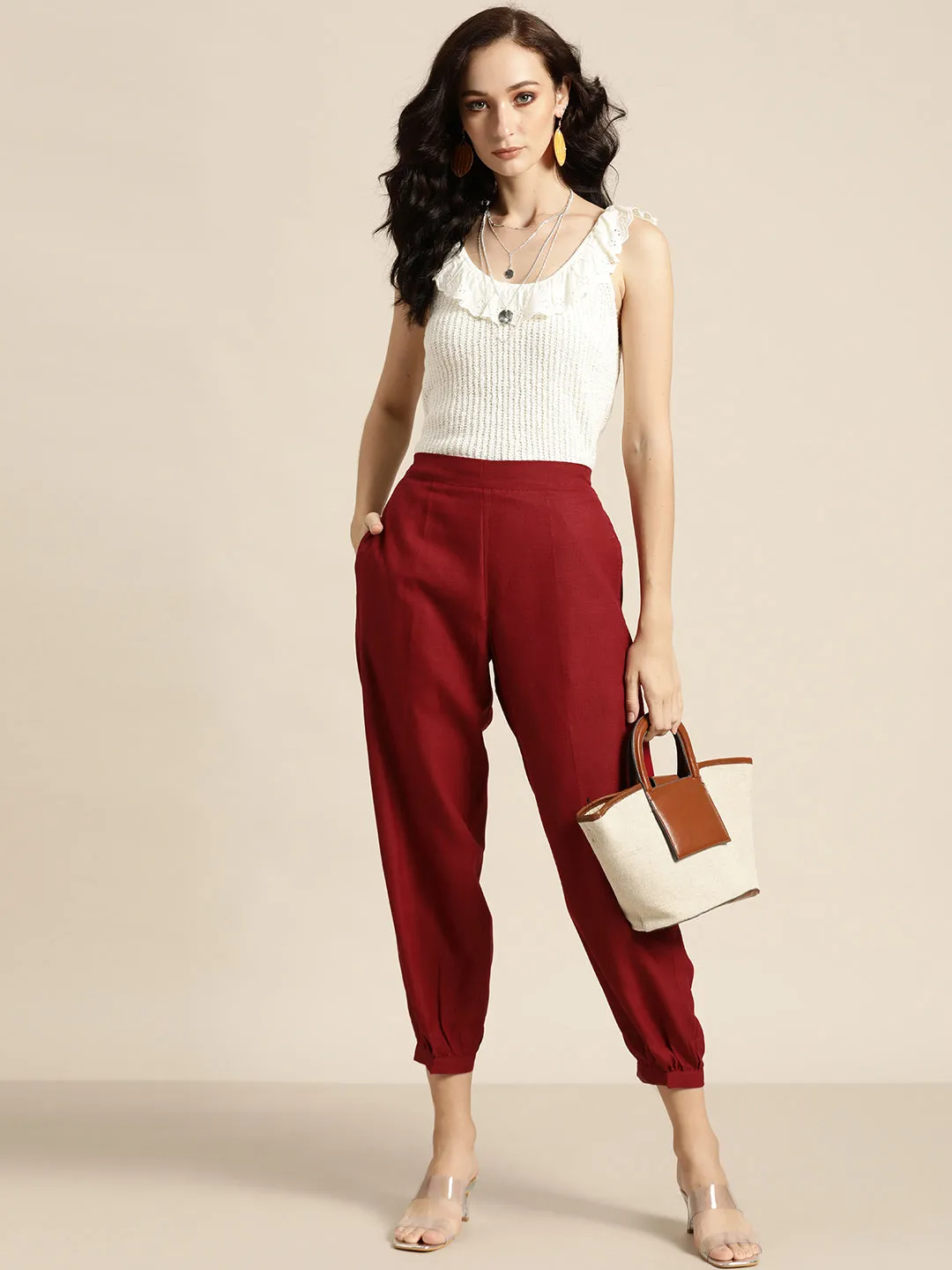 Women Maroon Cuffed Hem Pants