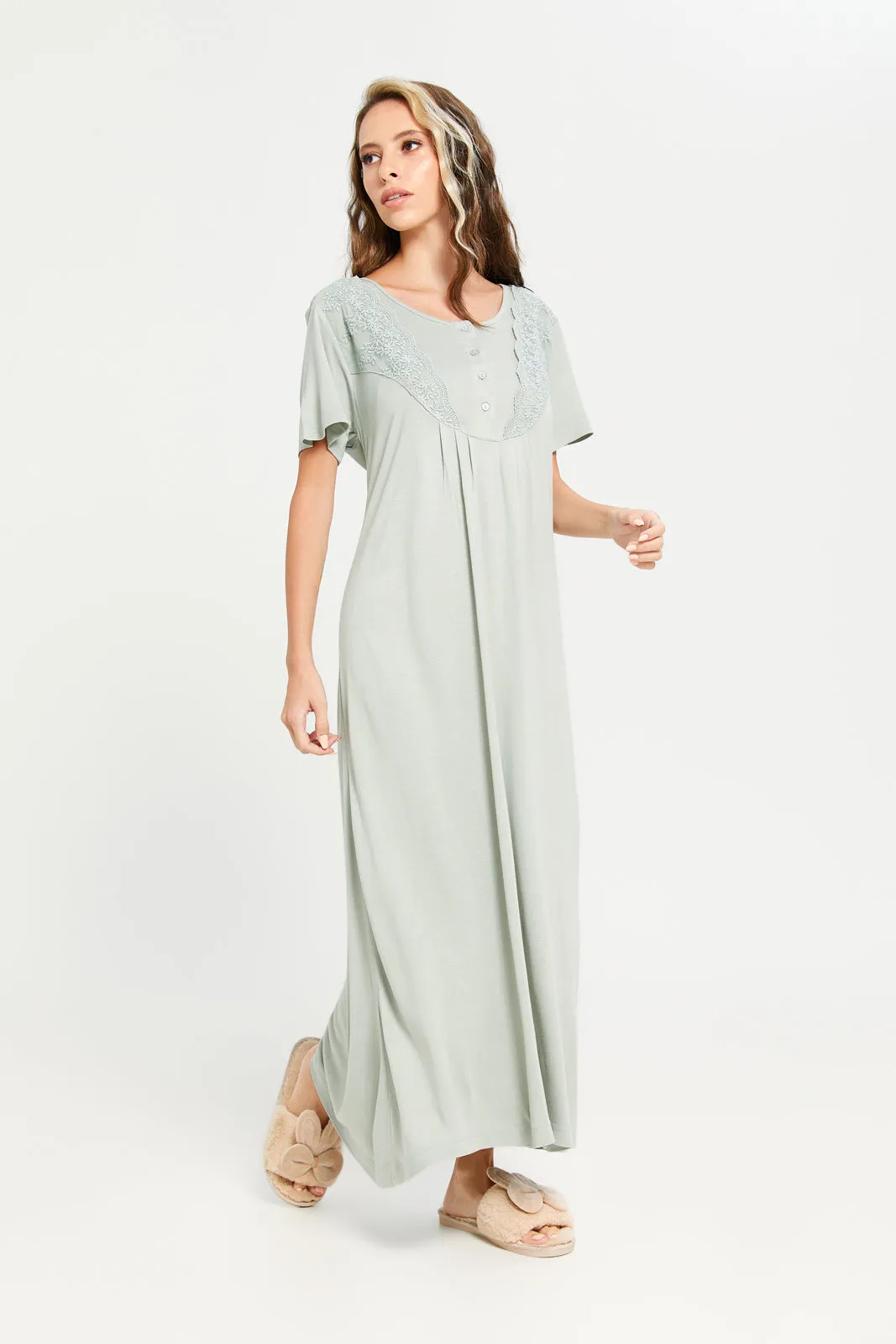 Women Mint Lace Embellished Nightgown