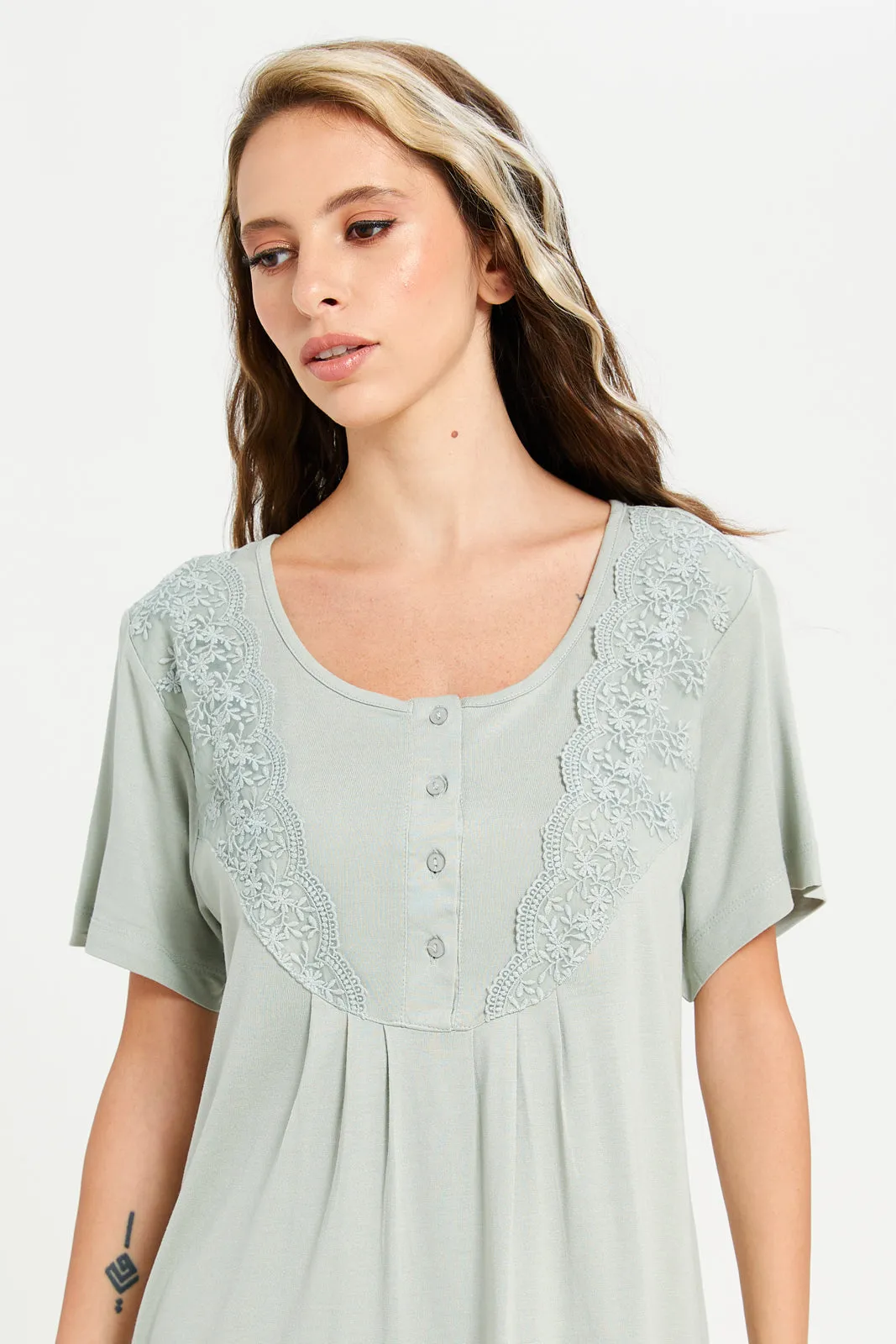 Women Mint Lace Embellished Nightgown