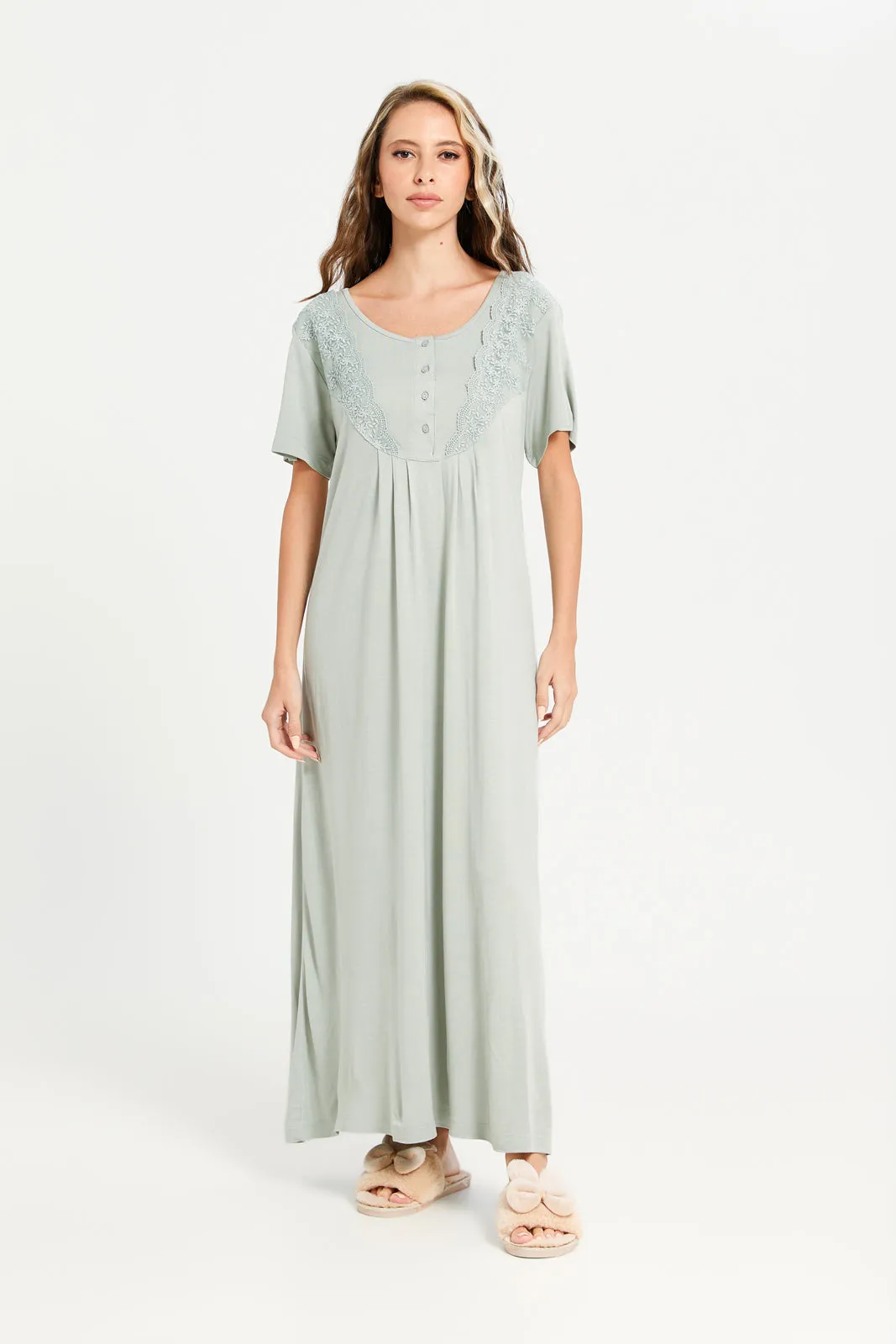 Women Mint Lace Embellished Nightgown