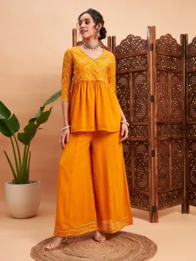 Women Mustard Mukaish Top With Sharara Pants