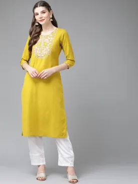 Women Mustred Yellow Yoke Design Thread Work Kurta