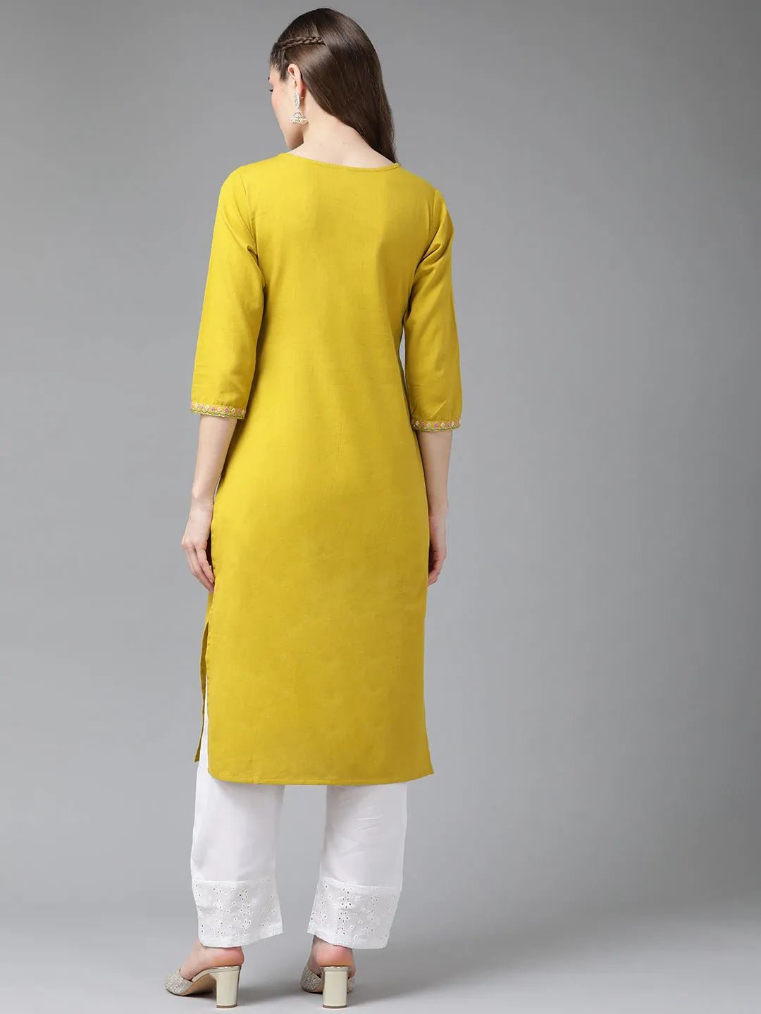 Women Mustred Yellow Yoke Design Thread Work Kurta