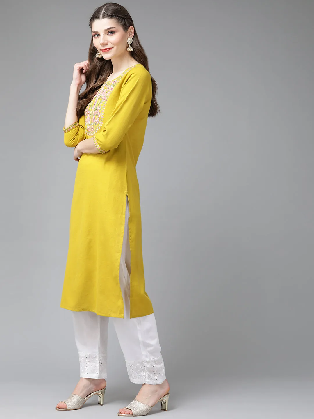 Women Mustred Yellow Yoke Design Thread Work Kurta