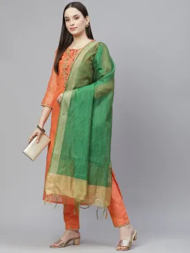 Women Orange & Green Ethnic Yoke Design Kurta With Trousers & With Dupatta