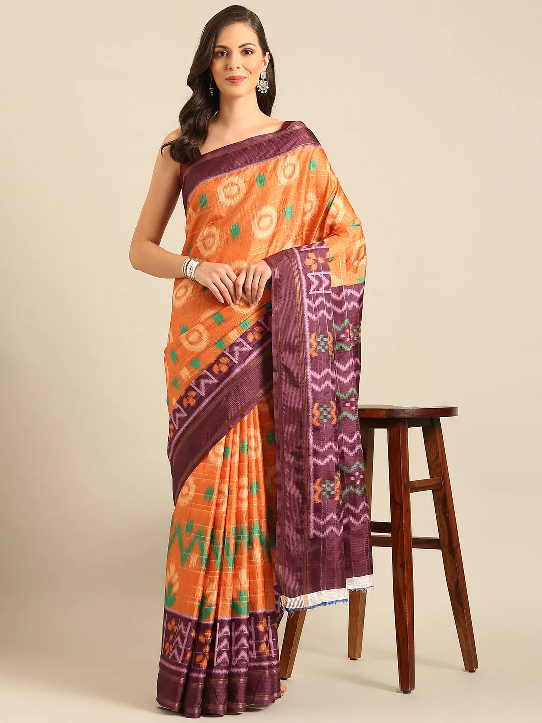 Women Orange Cotton Saree With Un Stitched Blouse