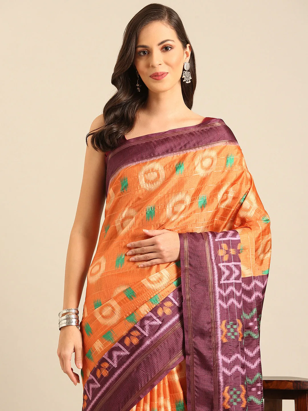 Women Orange Cotton Saree With Un Stitched Blouse