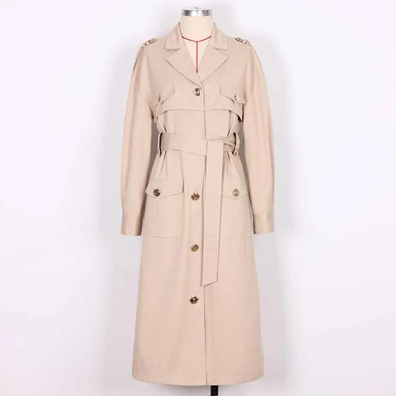 Women over-sized cotton-blend trench-coats belted twill wind coat