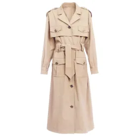 Women over-sized cotton-blend trench-coats belted twill wind coat