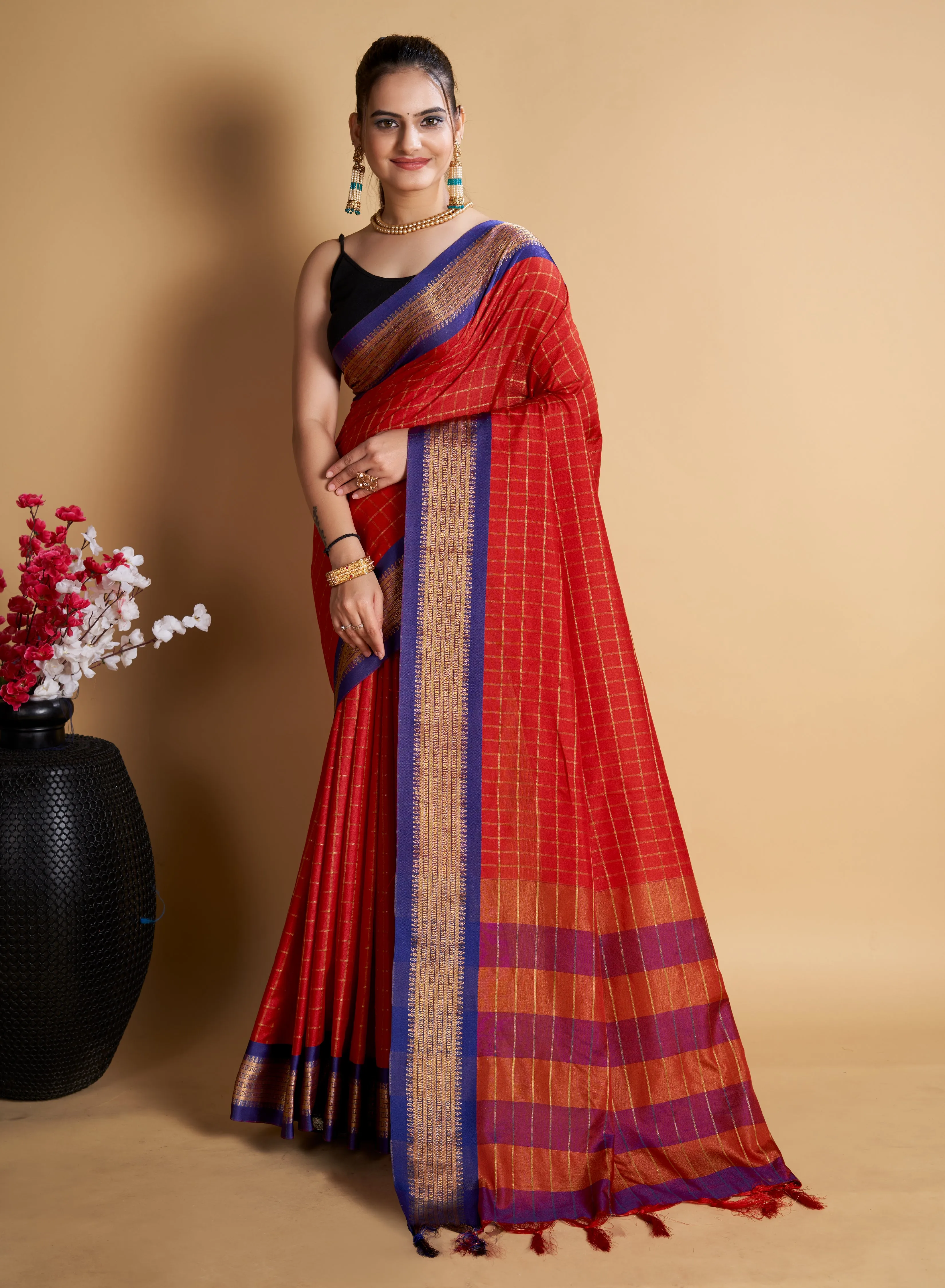 Women Party Wear Designer Red Color Chex Pattern Silk Blend Saree Collection