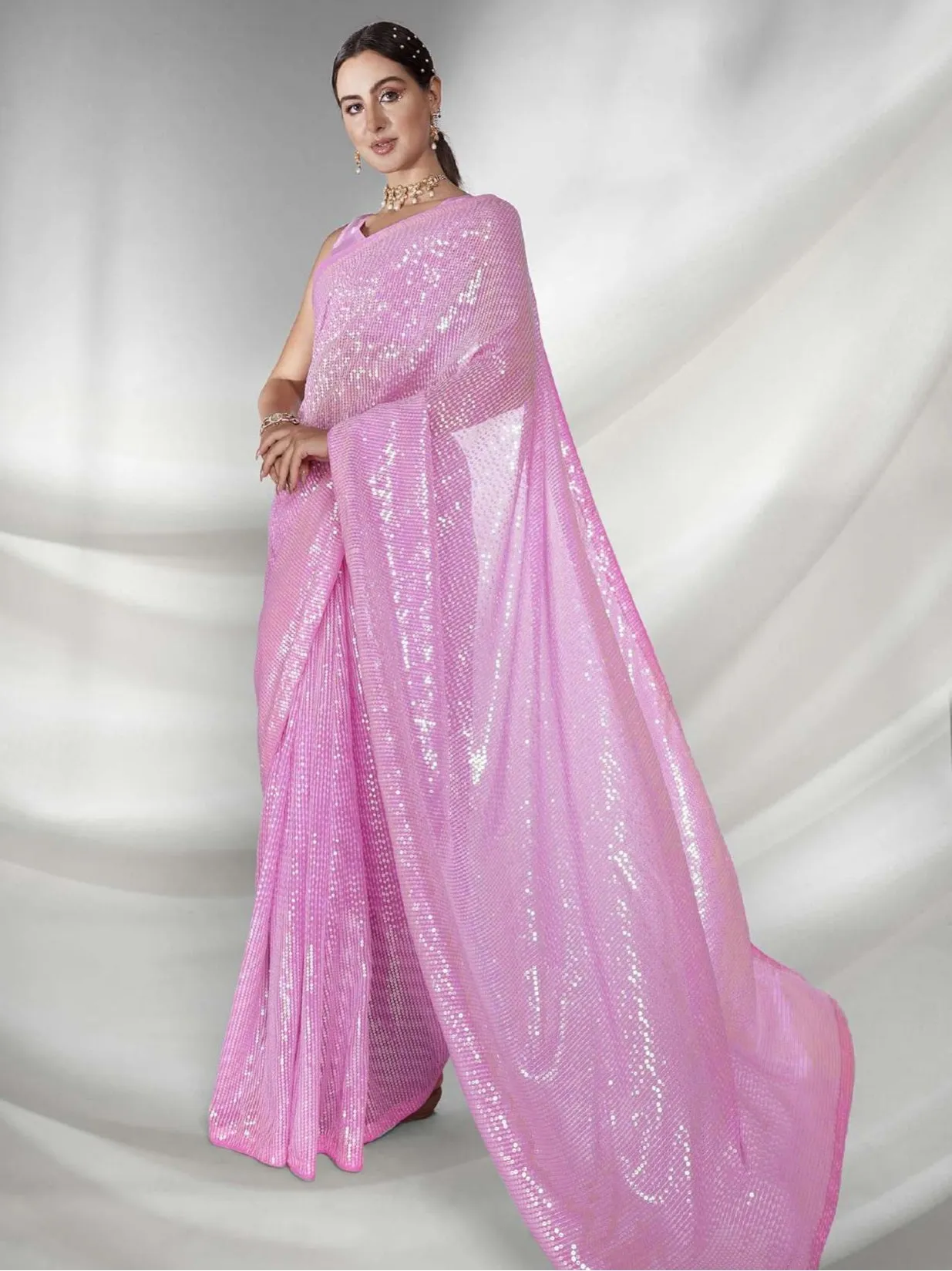 Women Party Wear Designer Sequence Worked Pink Colour Georgette Saree Collection