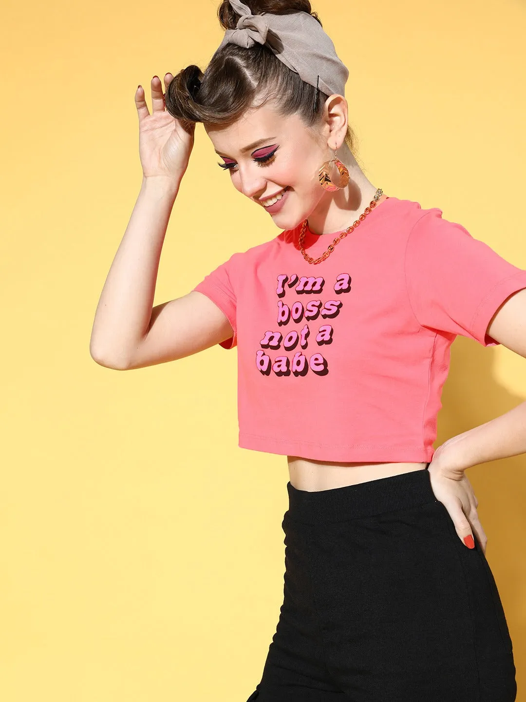 Women Pink I'M Boss Print Slim Fit Crop T-Shirt