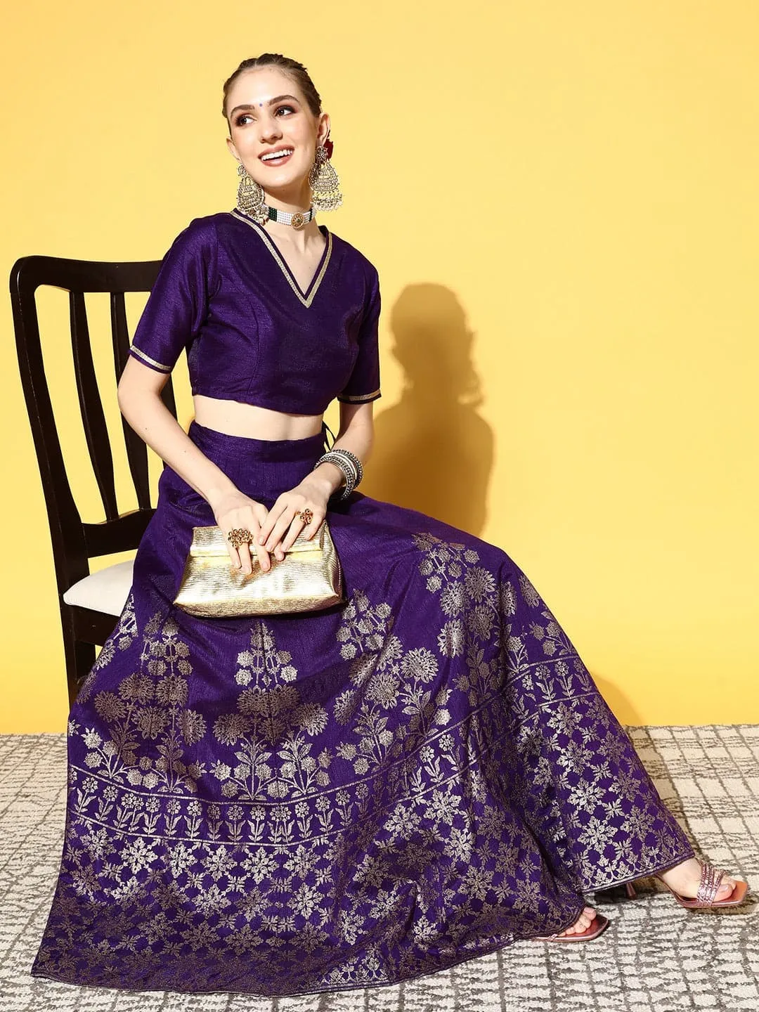 Women Purple Foil Print Anarkali Skirt