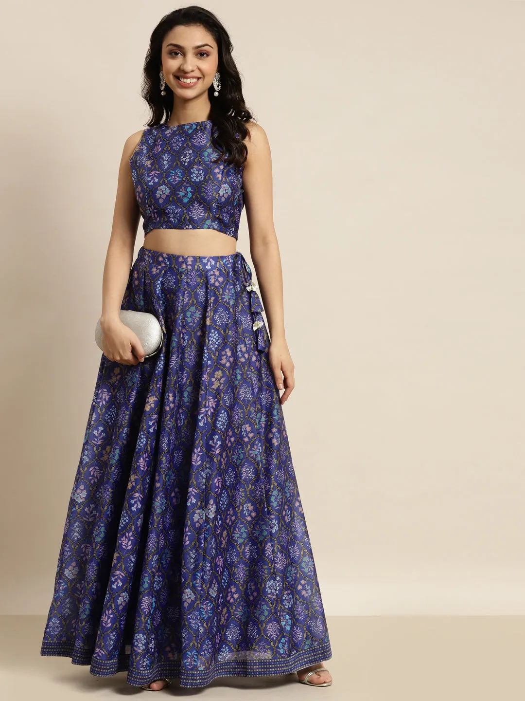 Women Purple Mughal Floral Sleeveless Crop Top