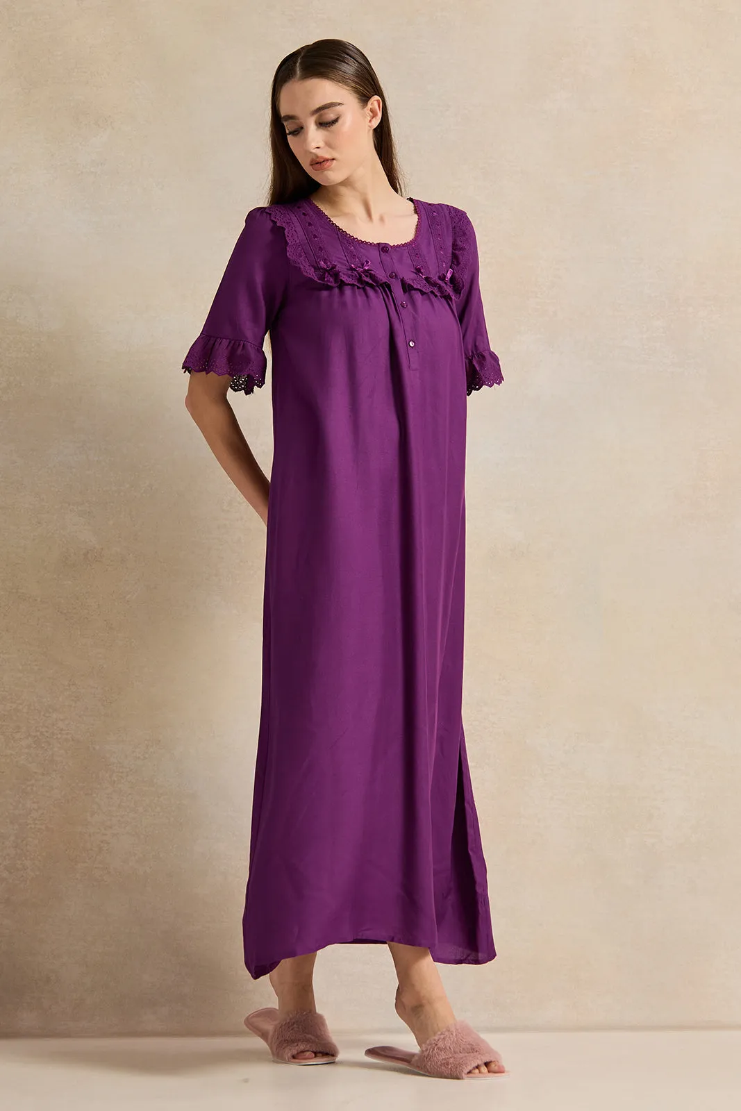 Women Purple With Ruffles Nightgown