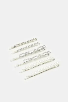 Women Silver Embellished Hair Clip Set (Pack of 6)