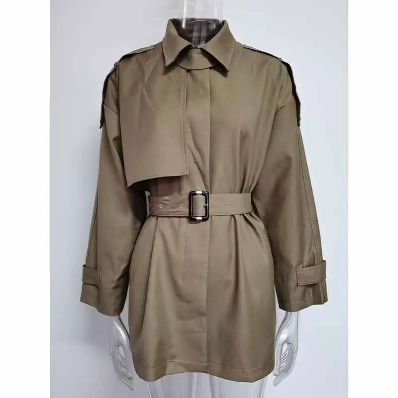 Women Single Breasted Belted Long Sleeve Short Trench Coat