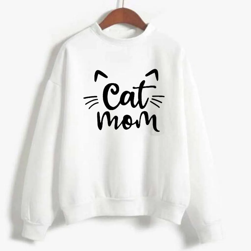 Women Sweatshirt Cat mom letter Printed Hoodie Long Sleeve Pullover Jumper