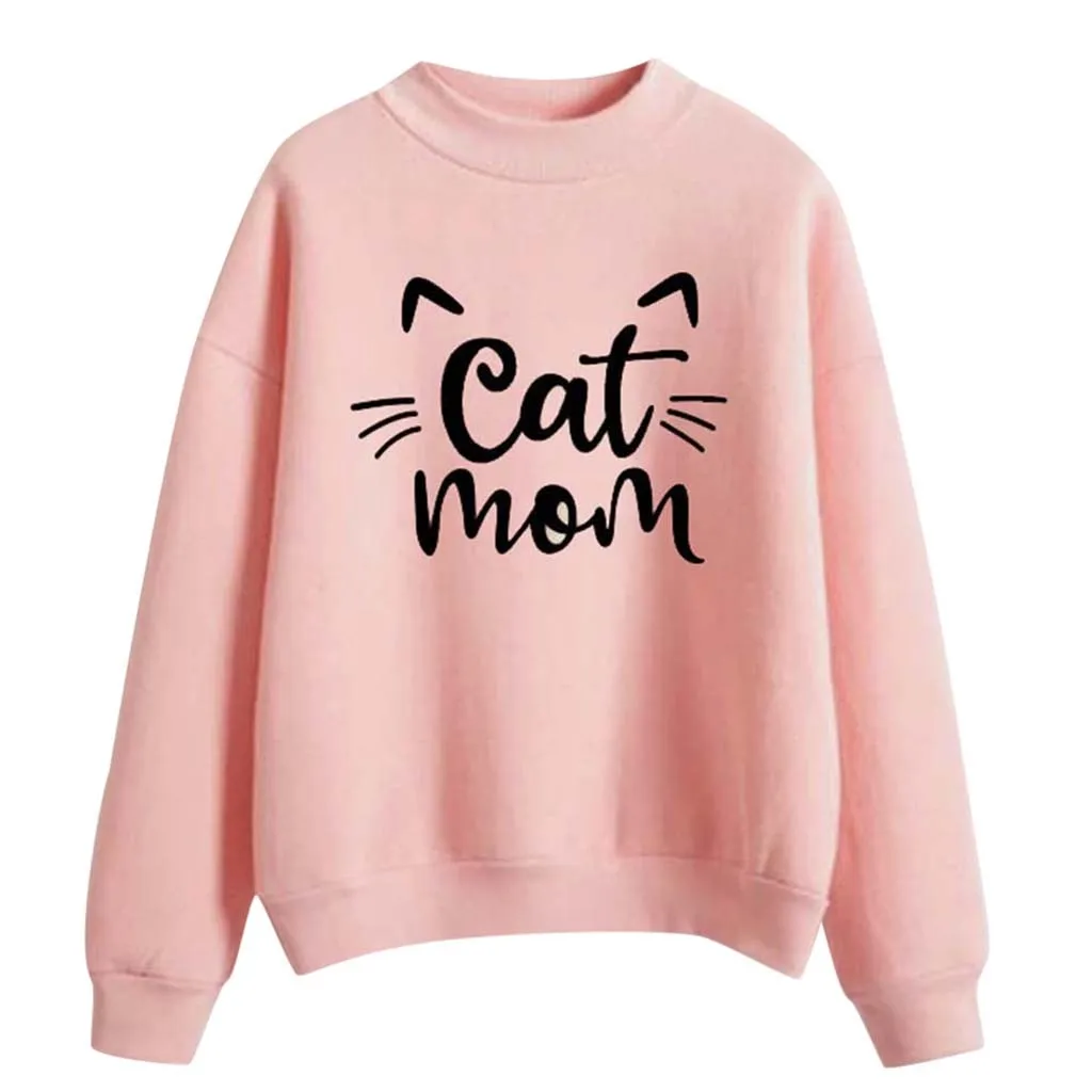 Women Sweatshirt Cat mom letter Printed Hoodie Long Sleeve Pullover Jumper