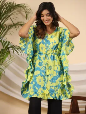 Women Turquoise Cotton Dobby Floral Tunic