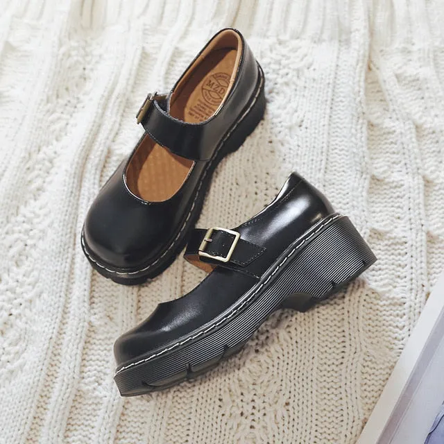 Women Vintage Buckle Leather Mary Janes Shoes