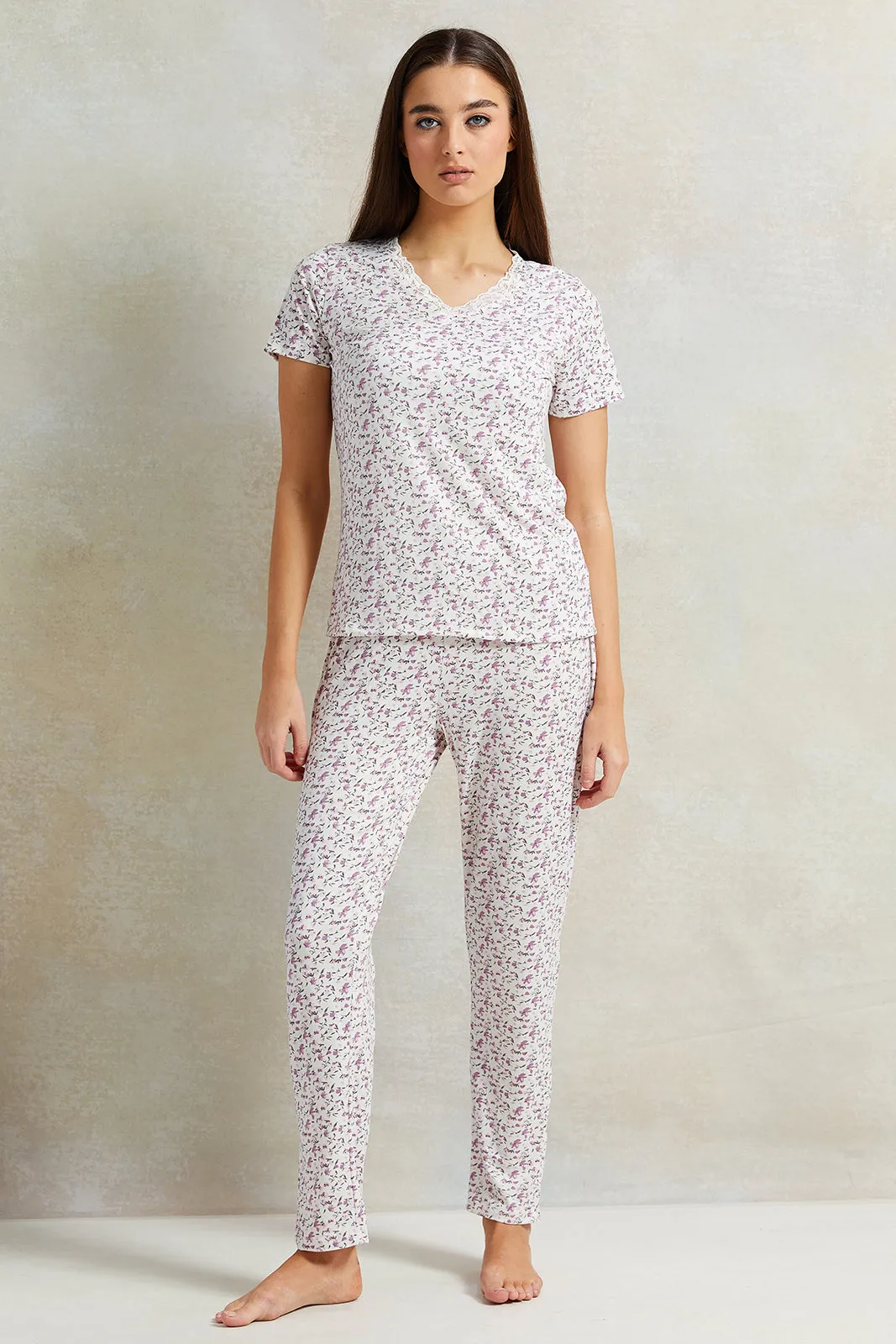 Women White And Purple Floral Printed Pyjama Set (2 Piece)