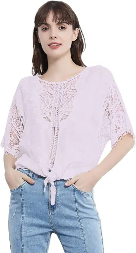 Women White Casual Lace Crochet Blouse Half Sleeve Tie Knot T-Shirt Blouses Tops Floral Printed Tops