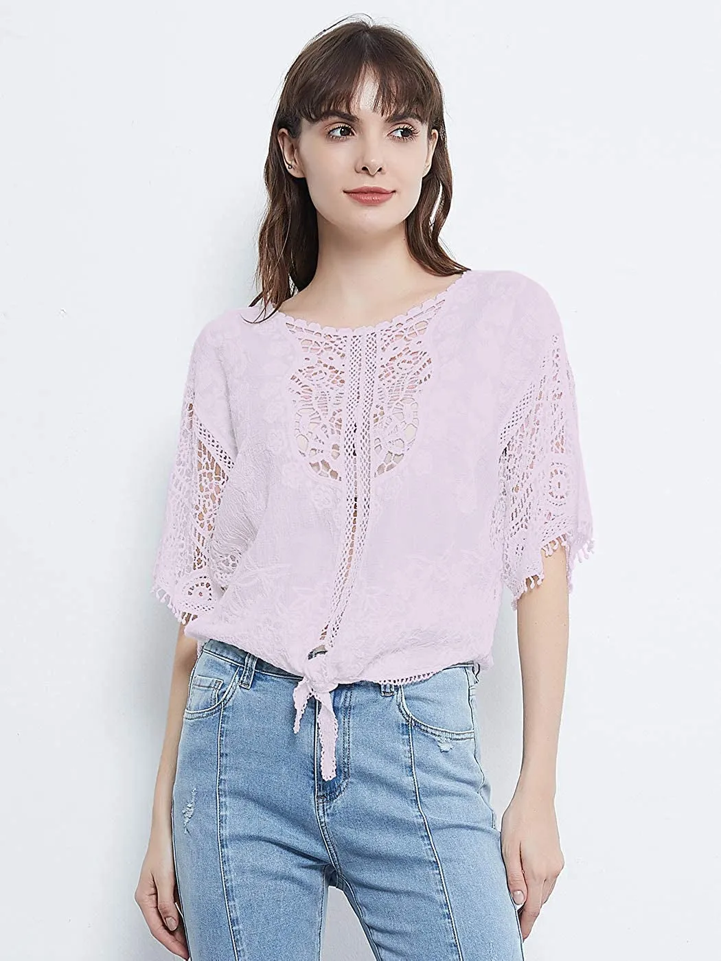 Women White Casual Lace Crochet Blouse Half Sleeve Tie Knot T-Shirt Blouses Tops Floral Printed Tops