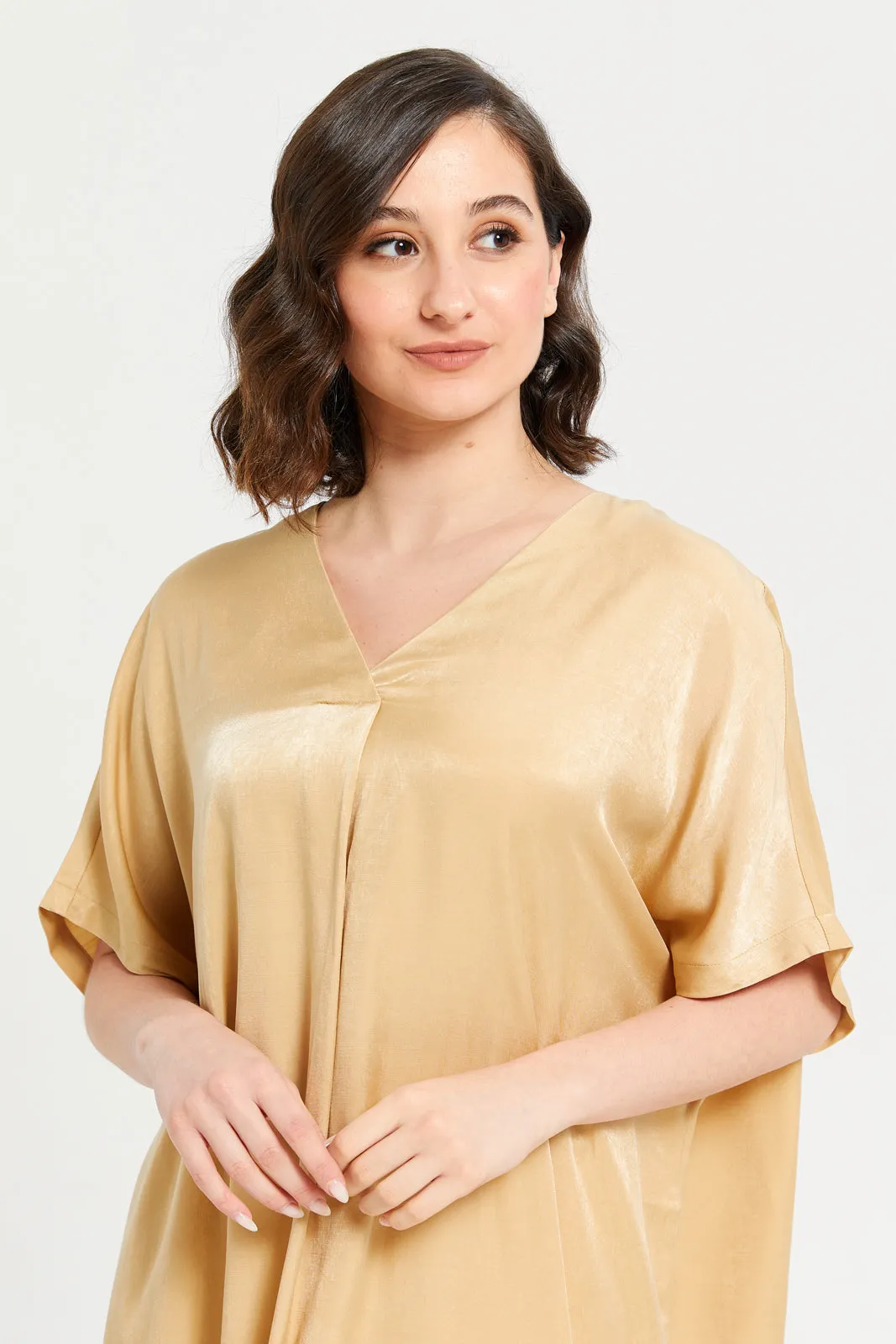 Women Yellow Solid Kaftan Satin Nightgown