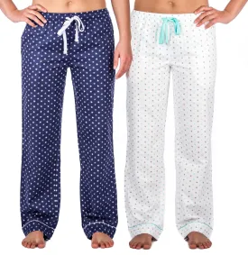 Women's 100% Cotton Flannel Lounge Pants (2-Pack) - Relaxed Fit - Stars Blue/White