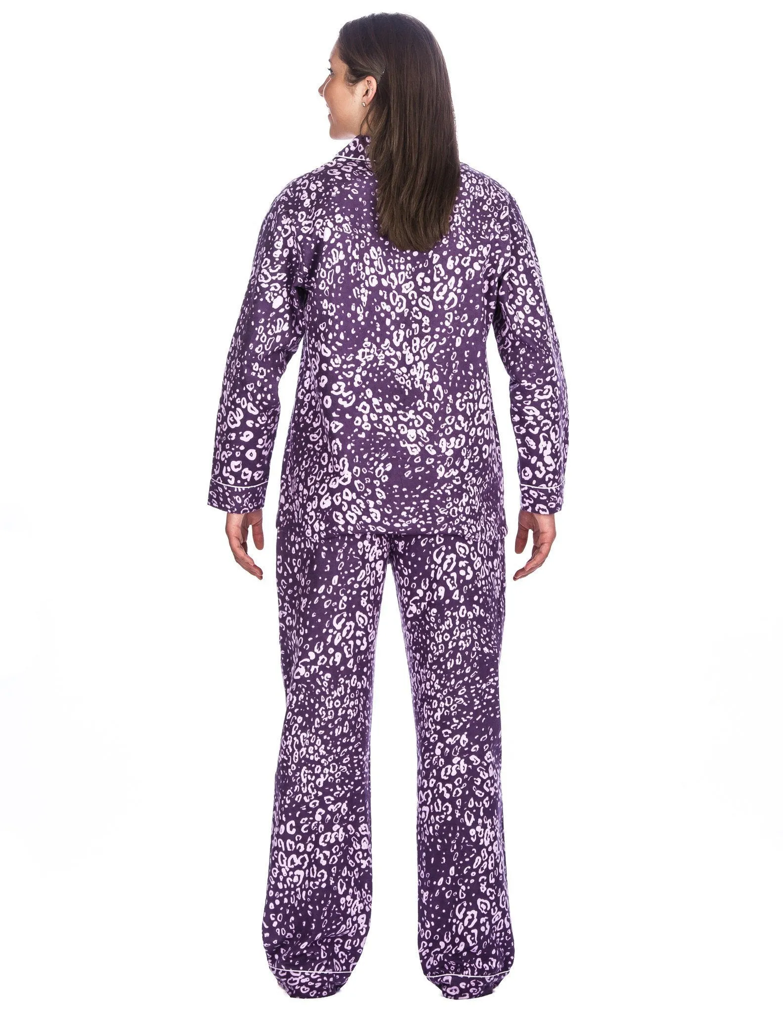 Womens 100% Cotton Flannel Pajama Sleepwear Set - Relaxed Fit - Leopard Purple