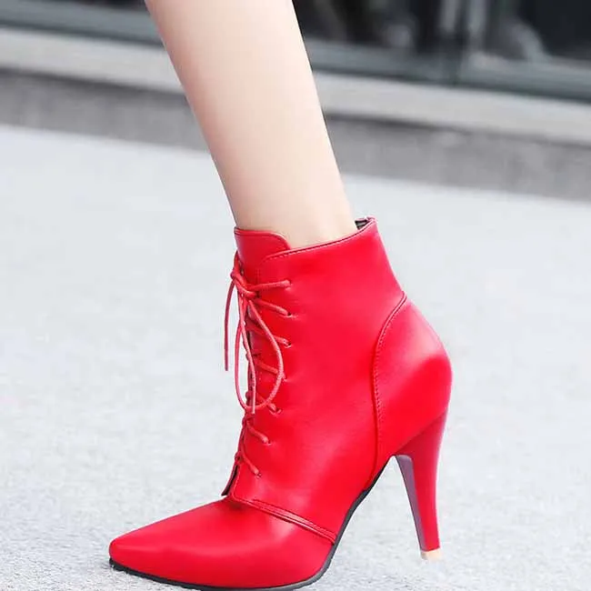 Women's Ankle boots Lace Up Pointed Toe High Heels Short Booties