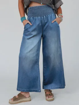 Womens Ashleigh Blue Smocked Waist Wide Leg Jeans