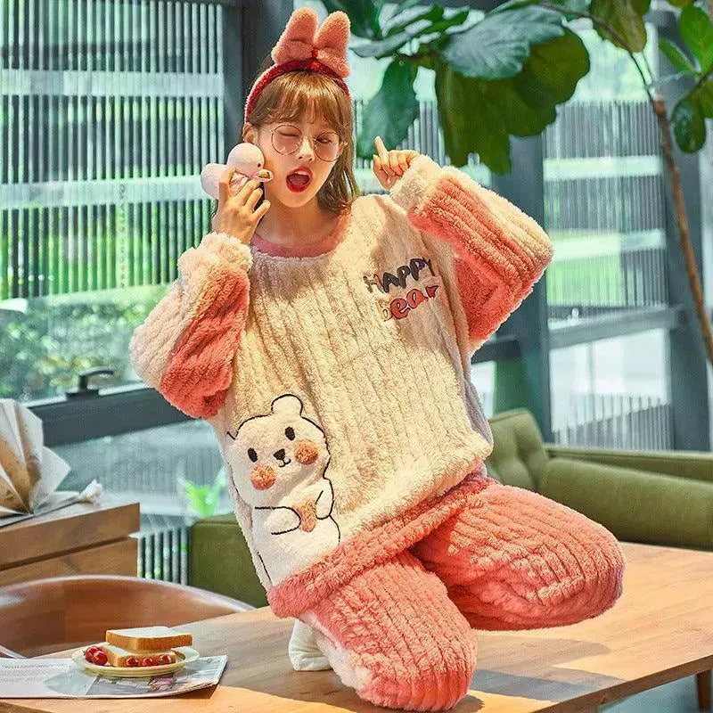 Women's Autumn And Winter Thickened Flannel Long Pajamas Pajamas