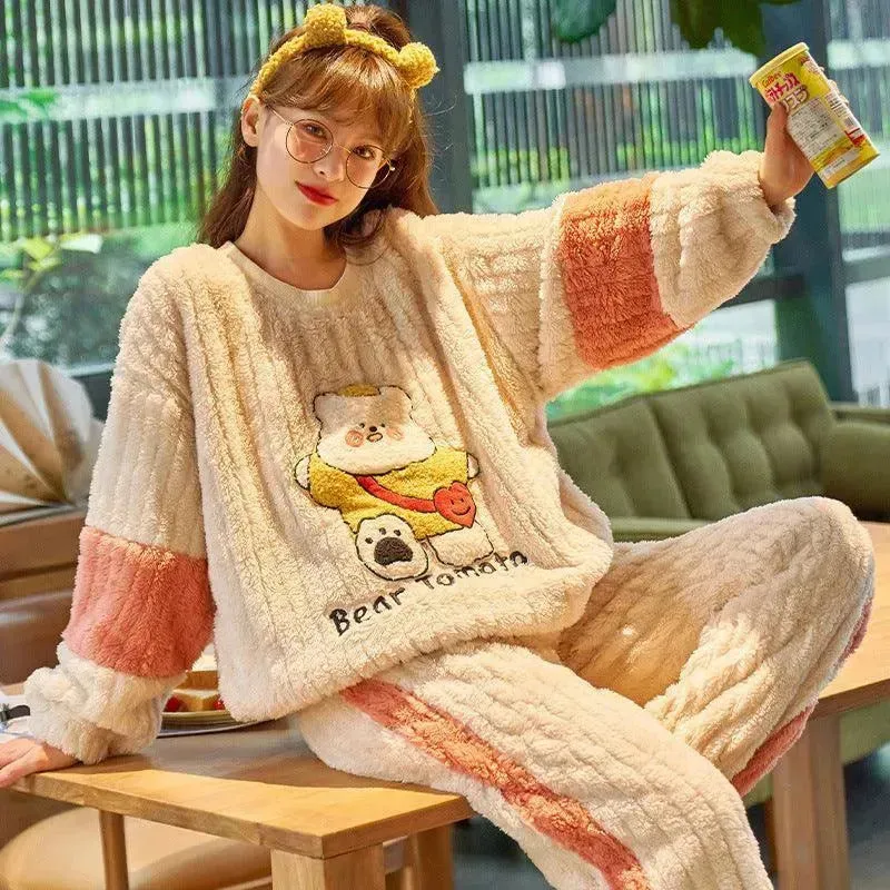 Women's Autumn And Winter Thickened Flannel Long Pajamas Pajamas