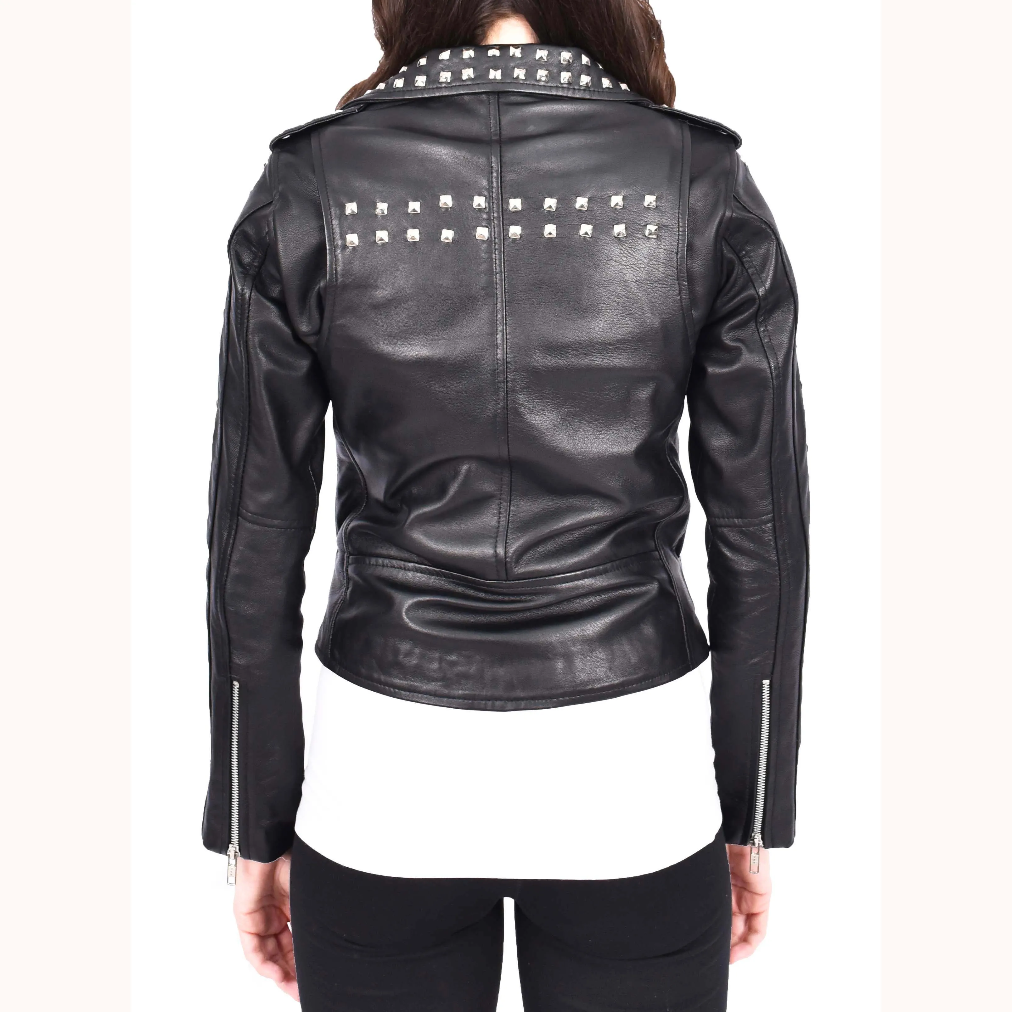 Womens Black Leather Studded Biker Jacket Fitted Brando Style - Stella