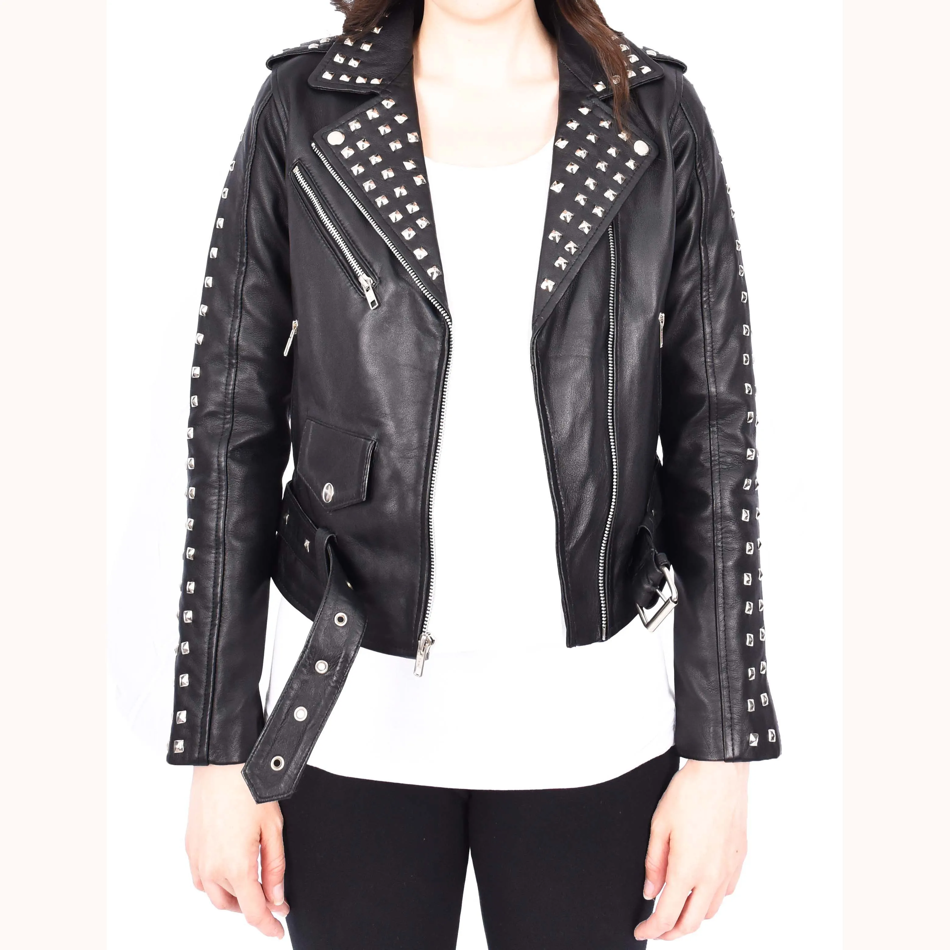 Womens Black Leather Studded Biker Jacket Fitted Brando Style - Stella