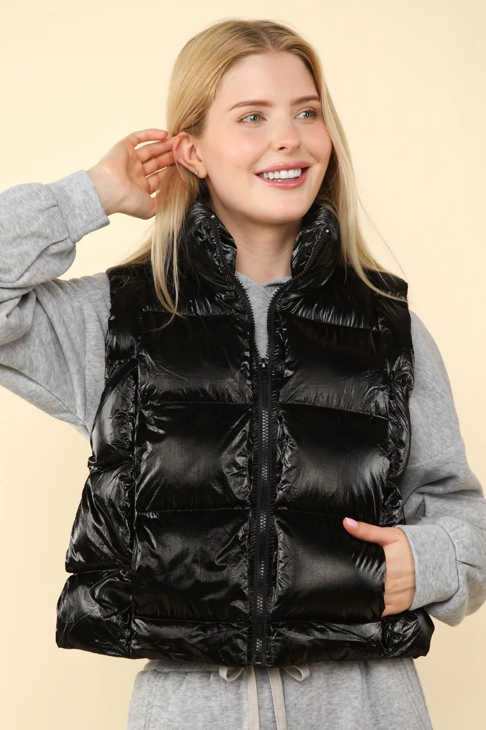 Women's Black Shiny Metallic Zip Up Puffer Vest with Pockets