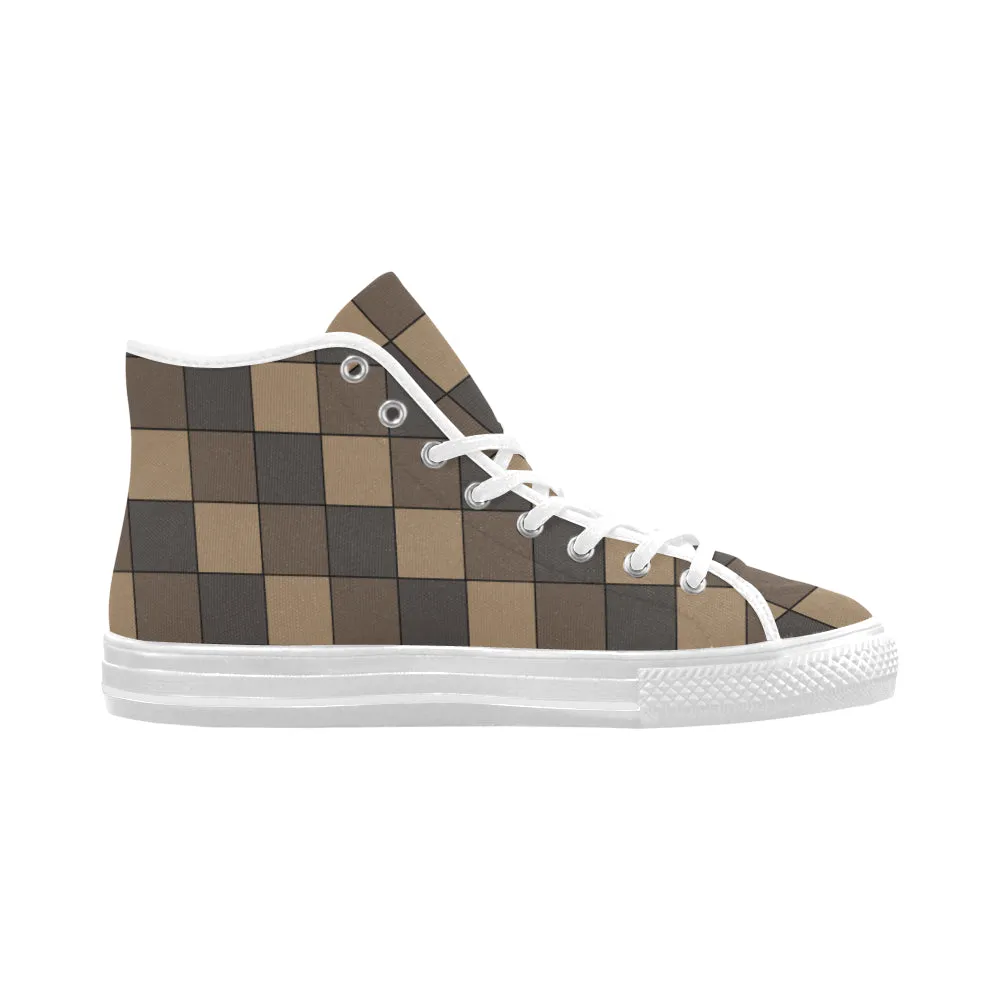 Women's Brown Monochromatic Checks Print High Top Canvas Shoes