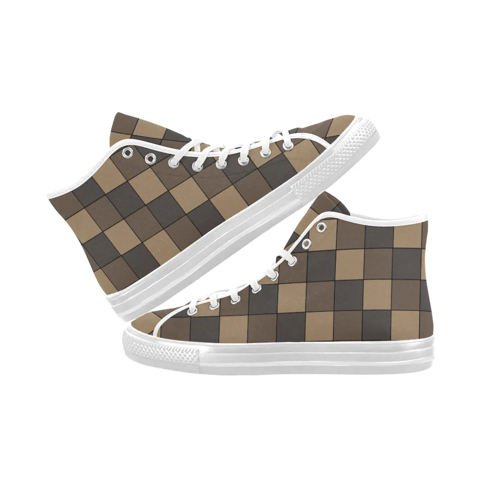 Women's Brown Monochromatic Checks Print High Top Canvas Shoes