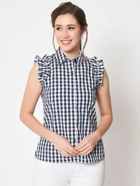 Women's Checked Flutter Sleeve Shirt Style Top