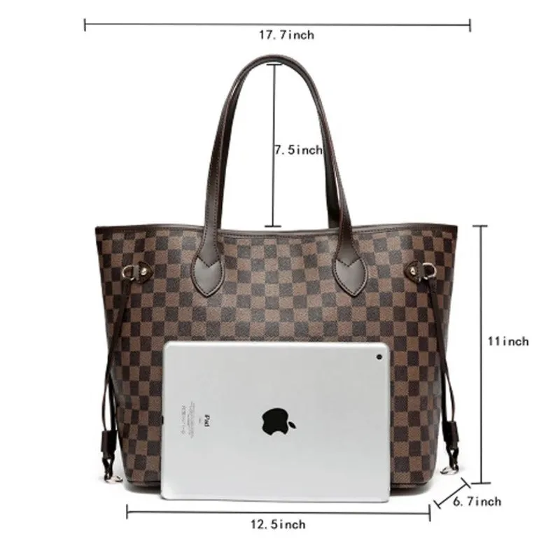 Women's Checkered Tote Bag PU Vegan Leather Satchel with Inner Pouch