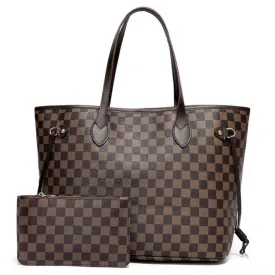 Women's Checkered Tote Bag PU Vegan Leather Satchel with Inner Pouch