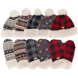 Women's Classic Winter Fleeced Thermal Pom Pom Beanie Hat and Mittens Set