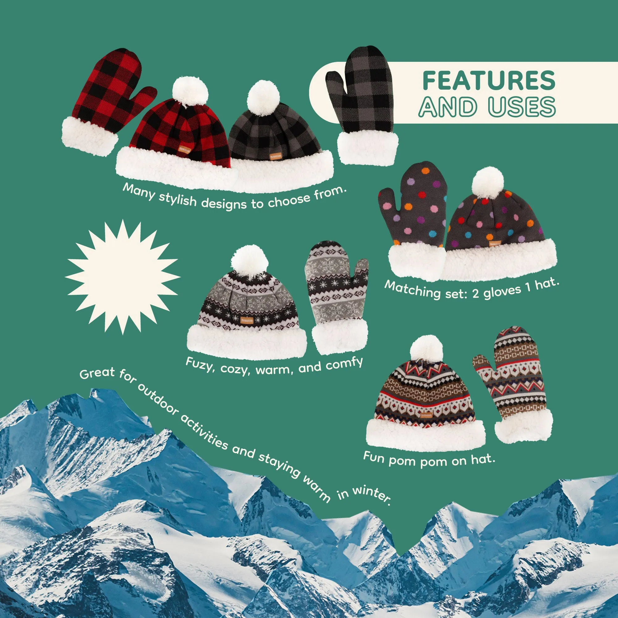 Women's Classic Winter Fleeced Thermal Pom Pom Beanie Hat and Mittens Set