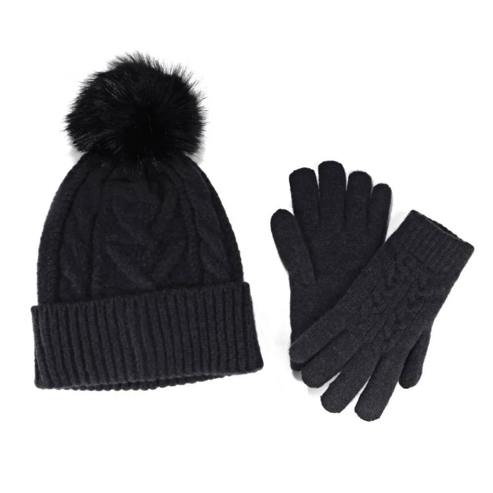 Women's Classic Winter Pom Pom Beanie Hat and Gloves Set