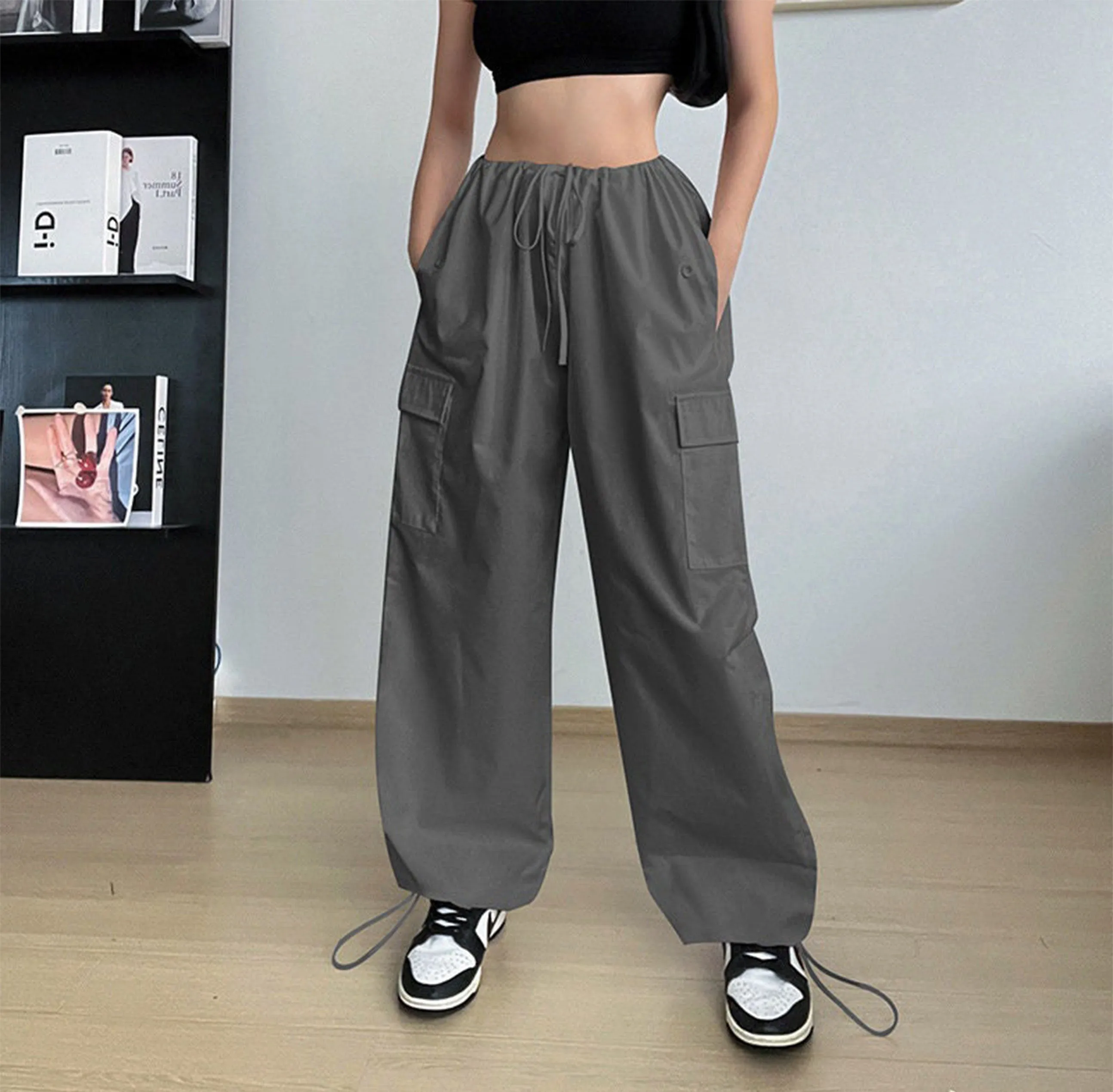 Women's Clothing Wide Leg Loose Plus Size Tether Straight Cargo Pants Women, Elastic Waist Pants, Baggy Cargo Pants, Casual Streetwear Pants