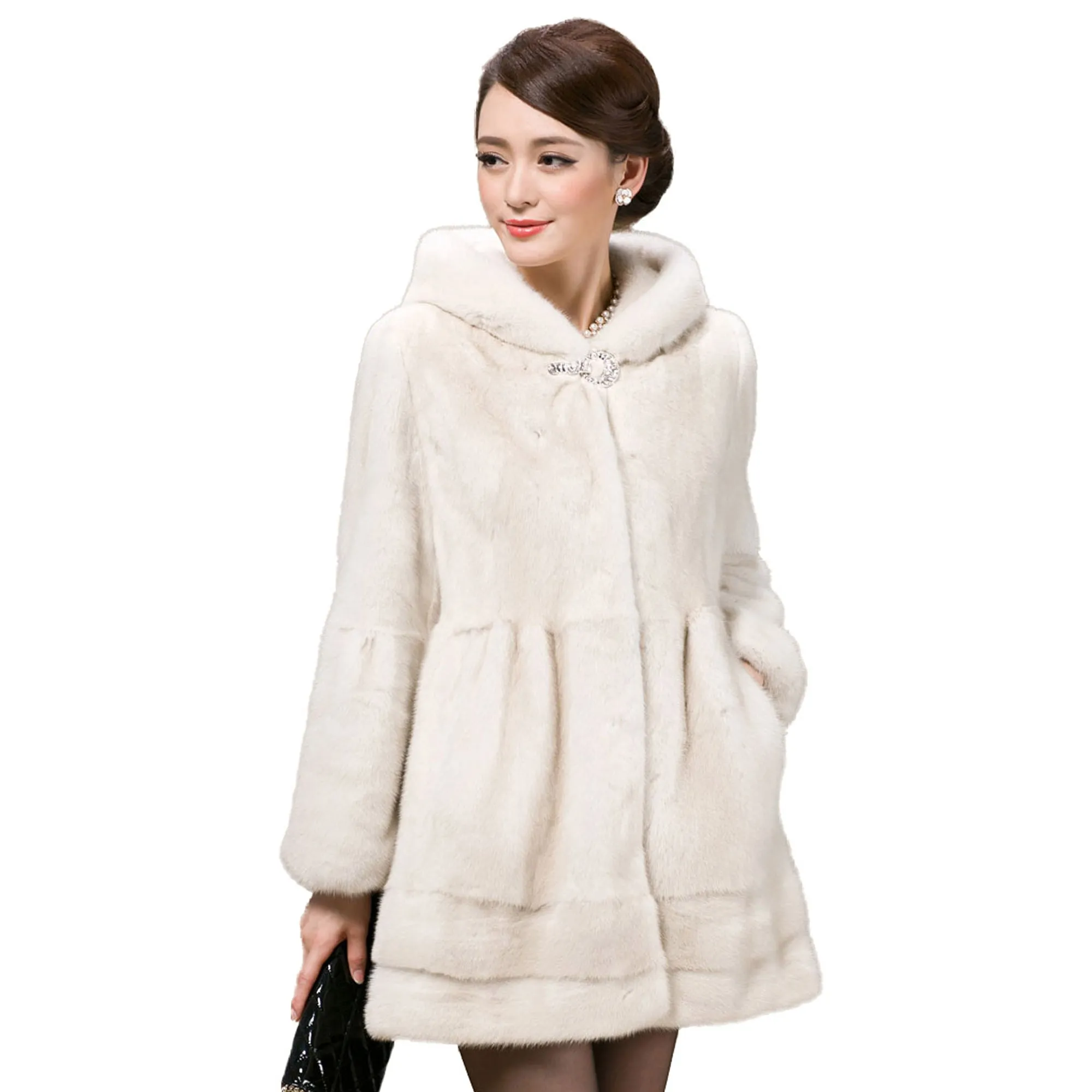 Women's Coats Real Mink Fur Coat Hoodie Slim Waist Style 16054